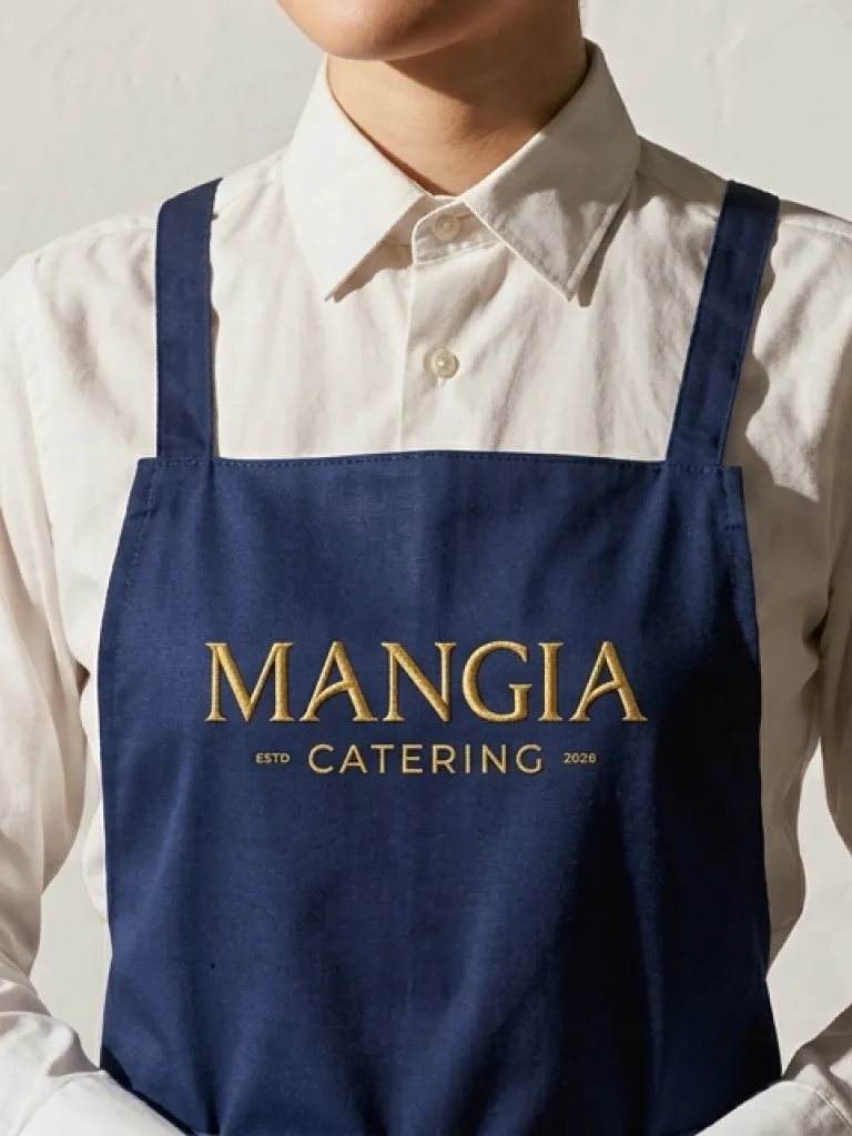 Mangia Catering wordmark embroidered on a navy apron